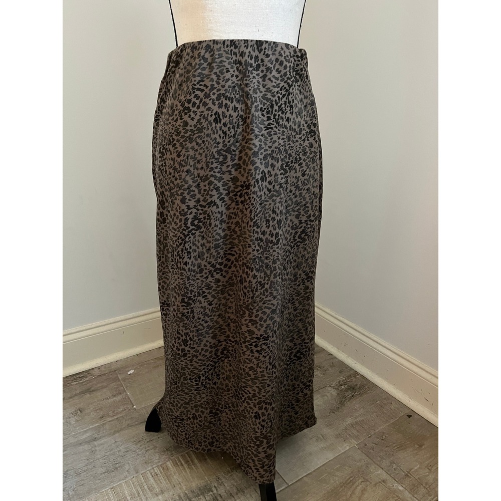 Leopard Print Maxi Slip Skirt XS Brown Black Elastic Waist Minimalist Boho Chic